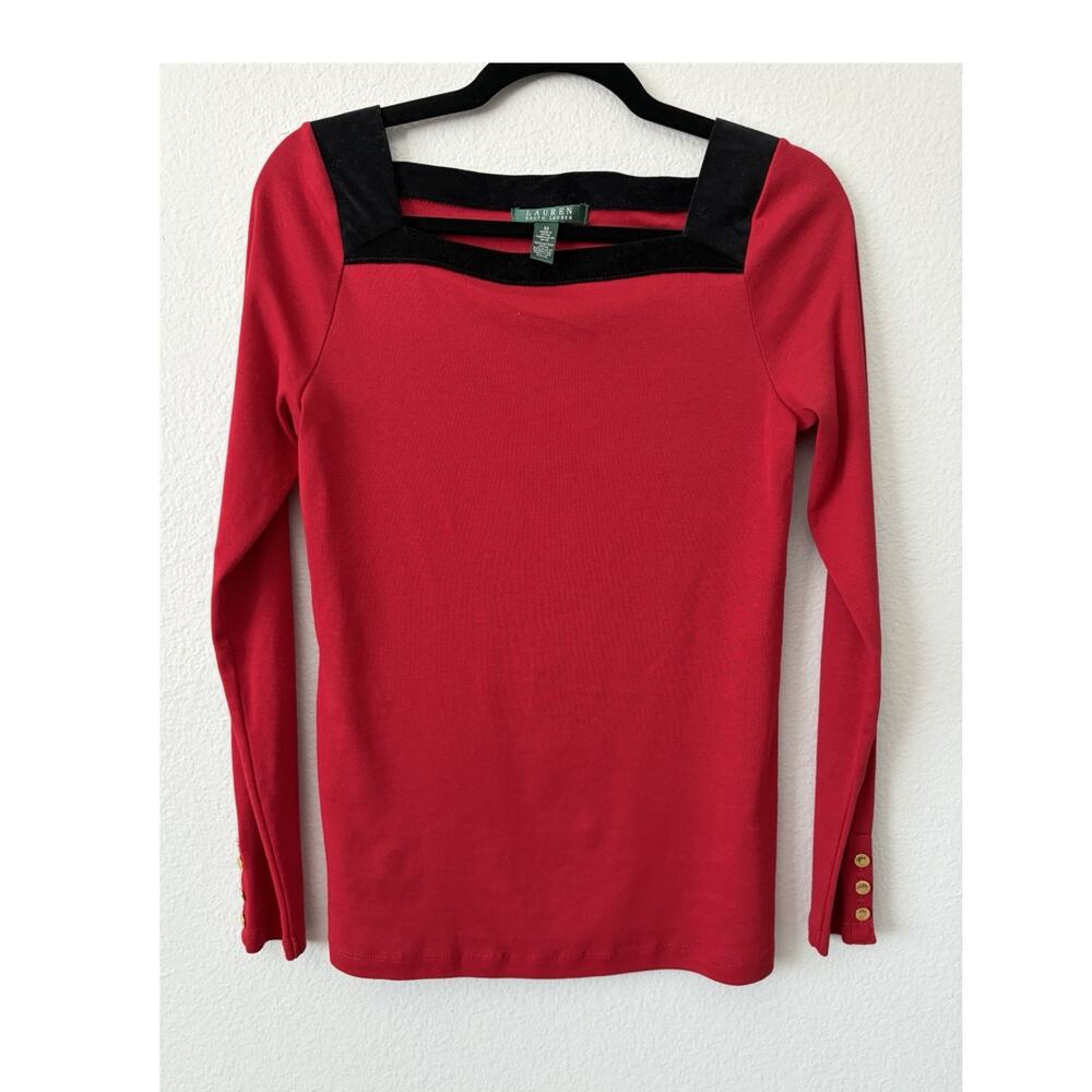 Lauren Ralph Lauren Red Black Velvet Square Neck Trim Blouse M Gold Button Wrist